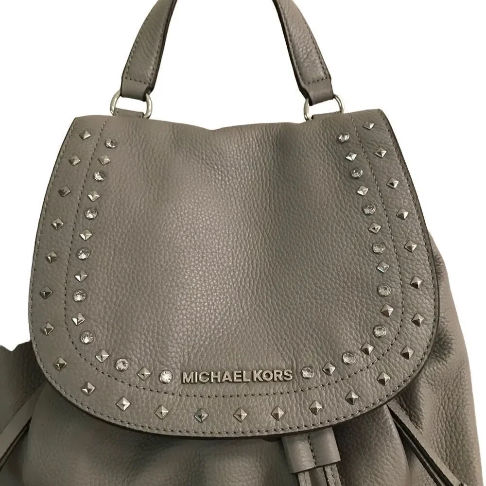 Michael Kors Riley‎ rhinestone studded gray pebble drawstring leather backpack